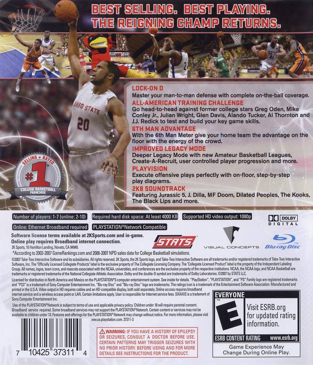 College Hoops 2K8 Back Cover - Playstation 3 Pre-Played