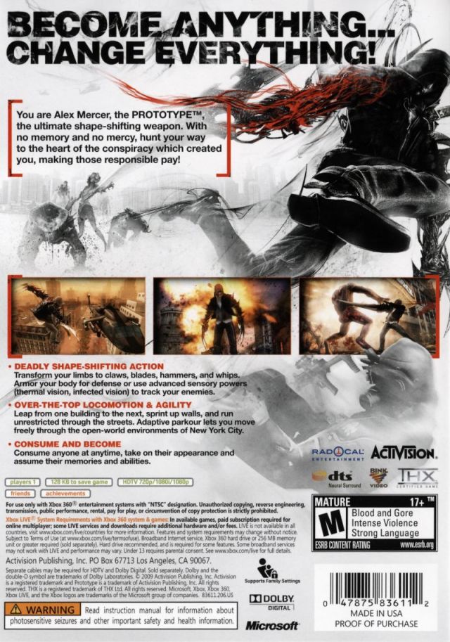 Prototype Back Cover - Xbox 360 Pre-Played