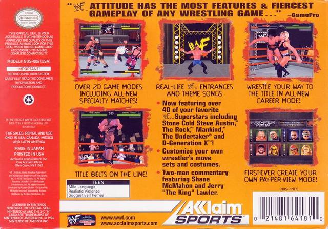 WWF Attitude Back Cover - Nintendo 64 Pre-Played