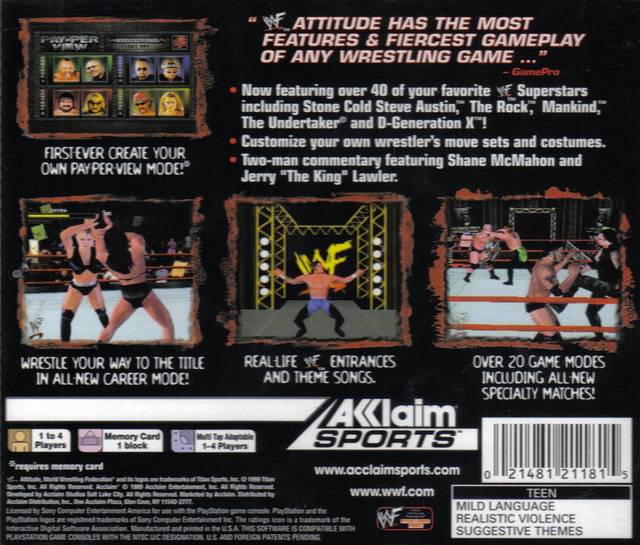 WWF Attitude Back Cover  - Playstation 1 Pre-Played