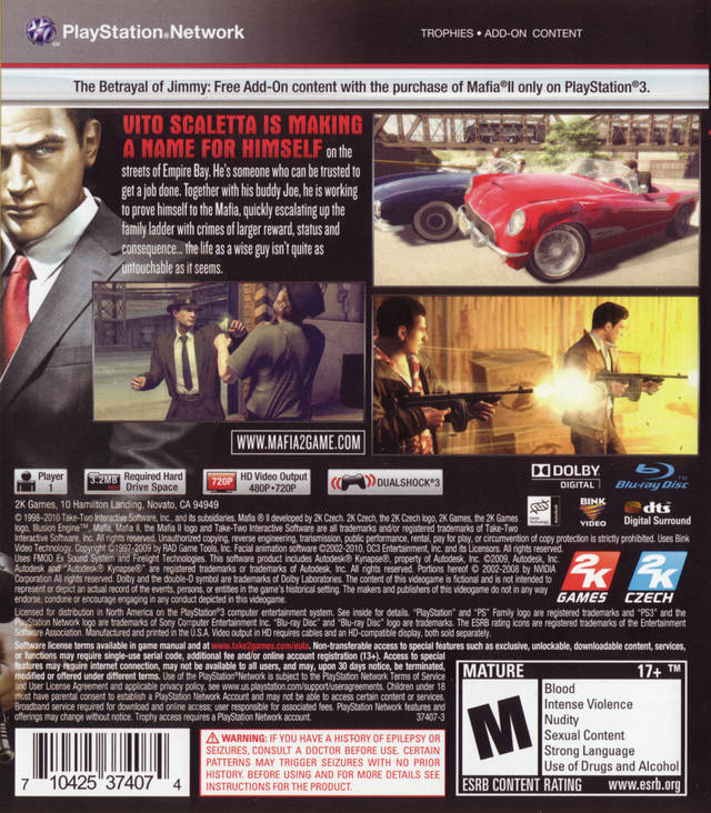Mafia 2 Back Cover - Playstation 3 Pre-Played