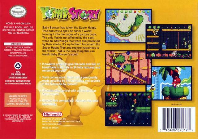 Yoshi's Story Back Cover - Nintendo 64 Pre-Played