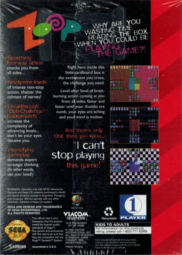 Zoop Complete in Box Back Cover - Sega Genesis Pre-Played