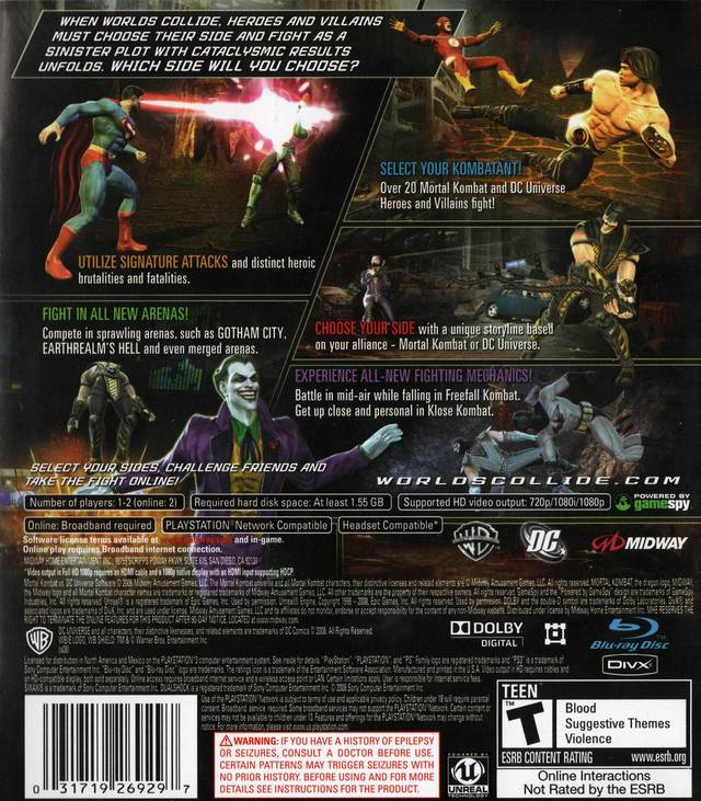 Mortal Kombat VS DC Universe Back Cover - Playstation 3 Pre-Played