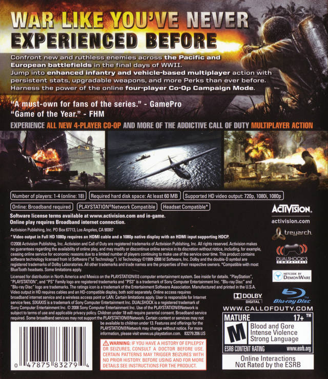 Call of Duty World at War Back Cover - Playstation 3 Pre-Played 