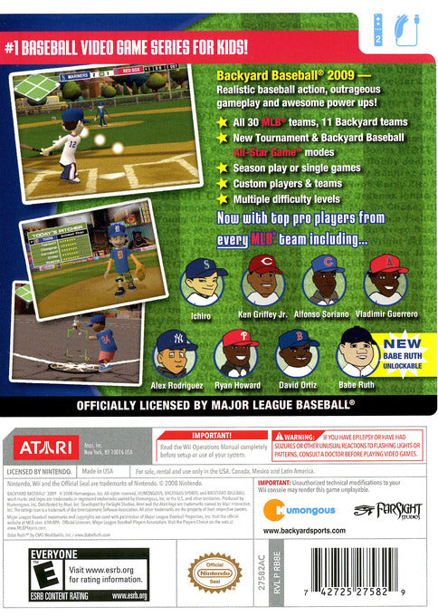 Backyard Baseball 2009 Back Cover - Nintendo Wii Pre-Played