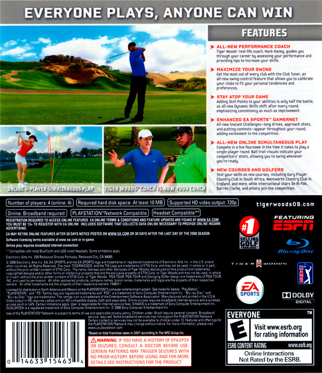 Tiger Woods PGA Tour 09 Back Cover - Playstation 3 Pre-Played