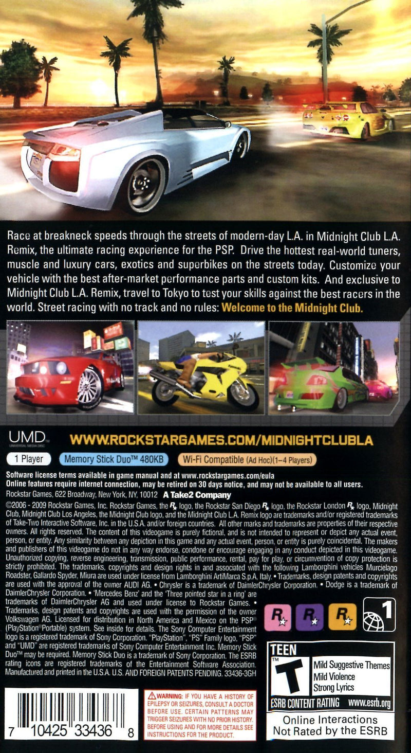 Midnight Club LA Remix Back Cover - PSP Pre-Played