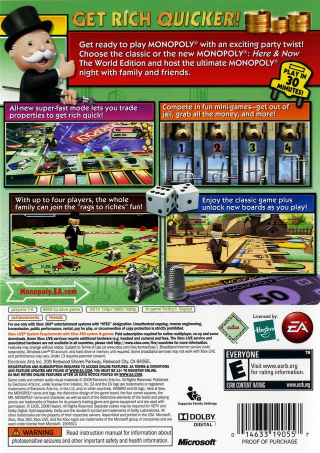 Monopoly Back Cover - Xbox 360 Pre-Played