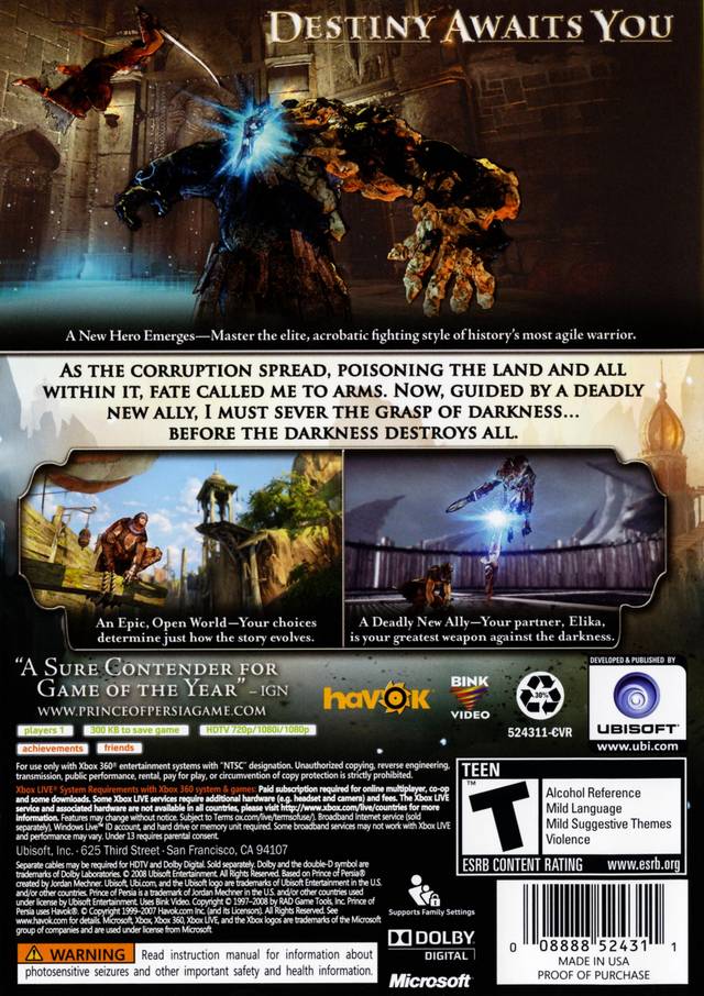 Prince of Persia Back Cover - Xbox 360 Pre-Played