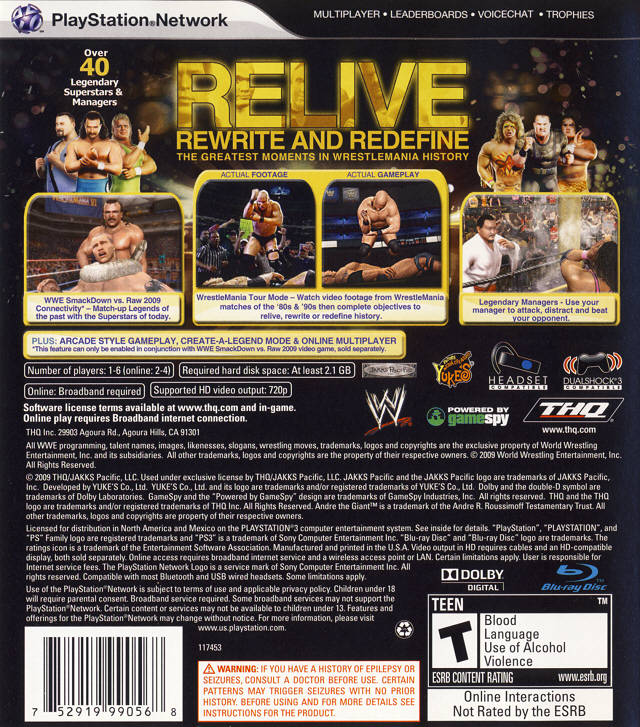 WWE Legends of Wrestlemania Back Cover - Playstation 3 Pre-Played