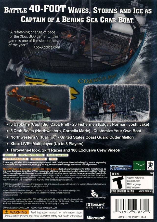 Deadliest Catch Alaskan Storm Back Cover - Xbox 360 Pre-Played