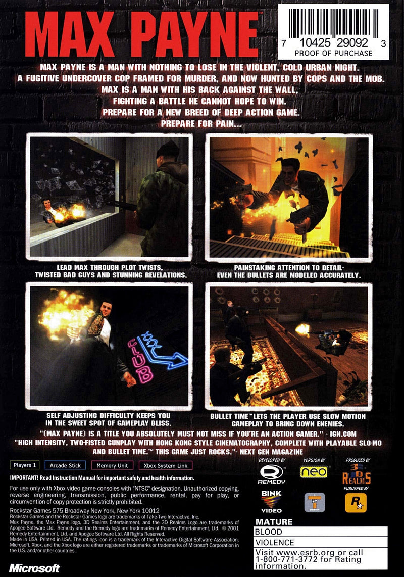 Max Payne Back Cover - Xbox Pre-Played