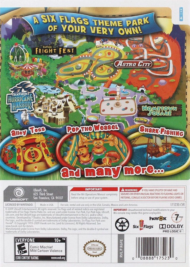 Six Flags Fun Park Back Cover - Nintendo Wii Pre-Played