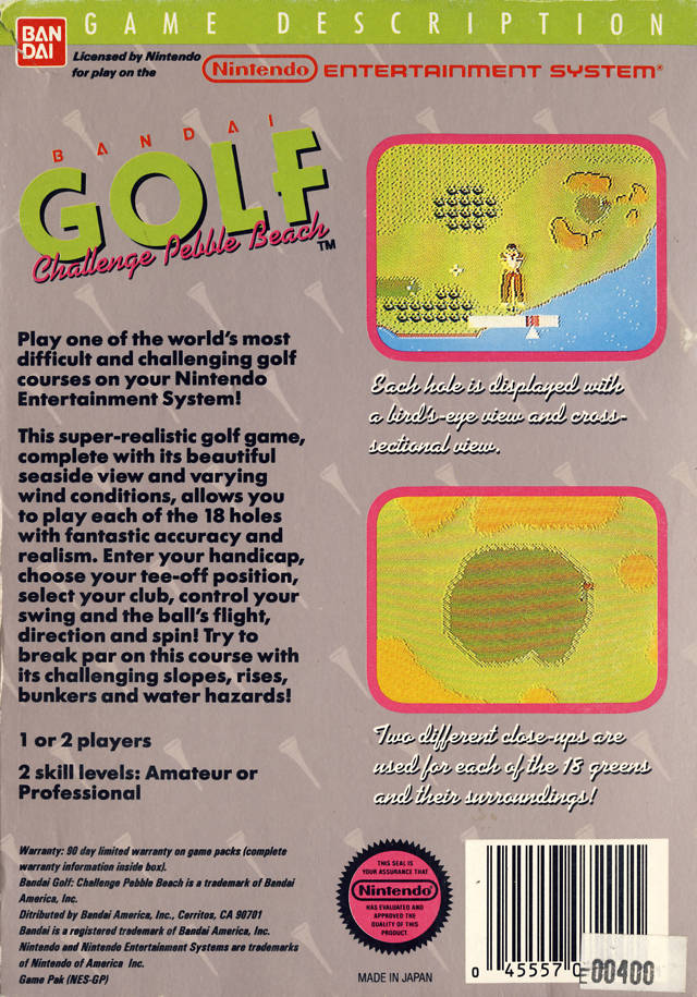 Bandai Golf Challenge Pebble Beach NES Pre-Played Back Cover