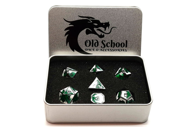 Dragon Forged: Green & White with Black Nickel - Old School 7 Piece RPG Metal Dice Set