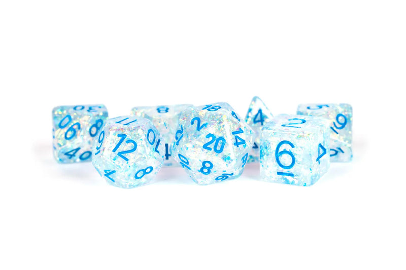 Clear with Light Blue Numbers - 16mm Resin Flash Dice Set