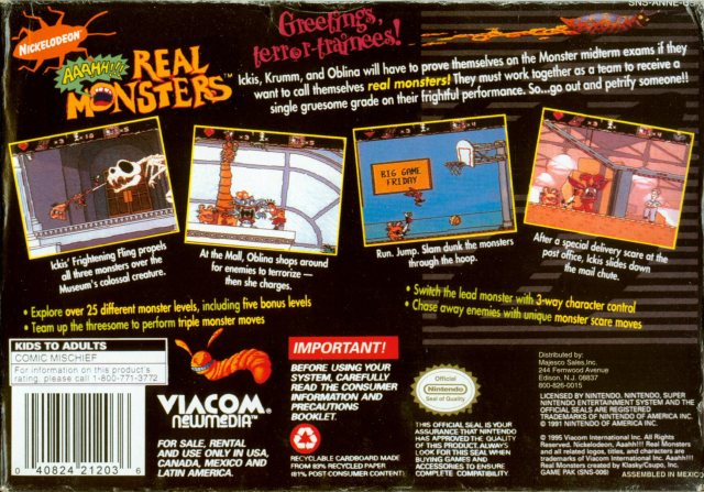 Aaah Real Monsters SNES Back Cover