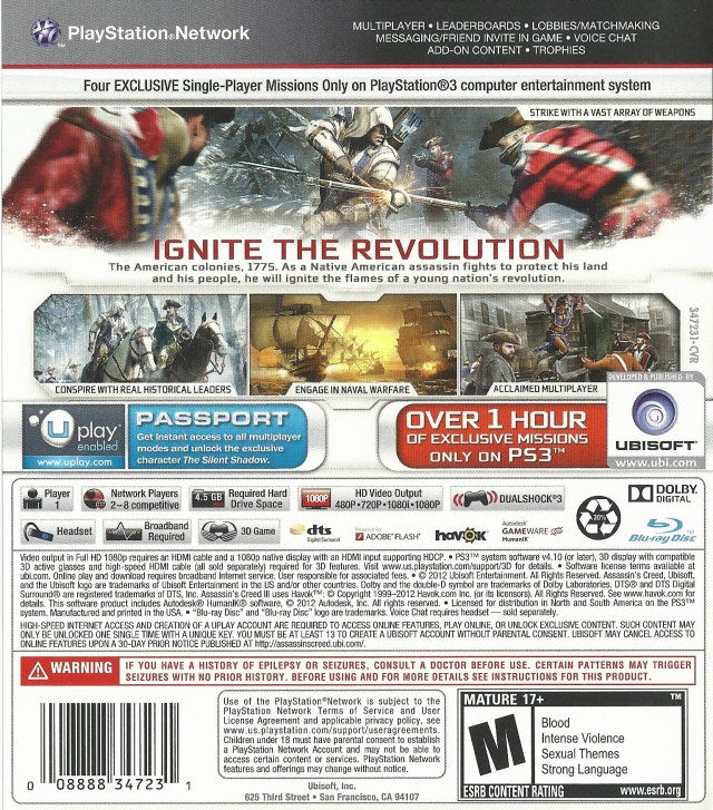 Assassin's Creed 3 Playstation 3 Back Cover 