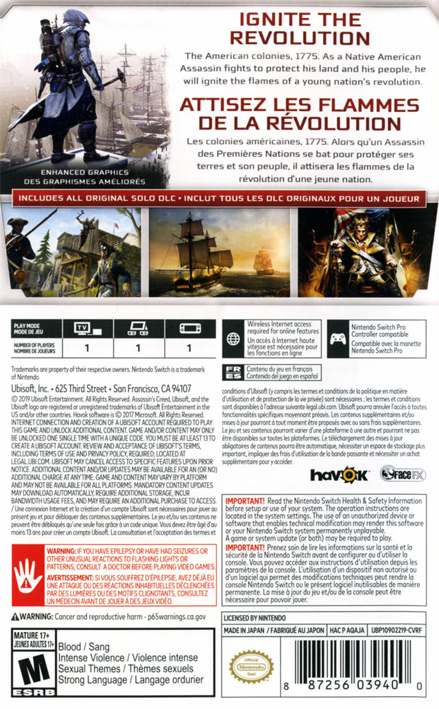 Assassin's Creed 3 Remastered Back Cover - Nintendo Switch Pre-Played