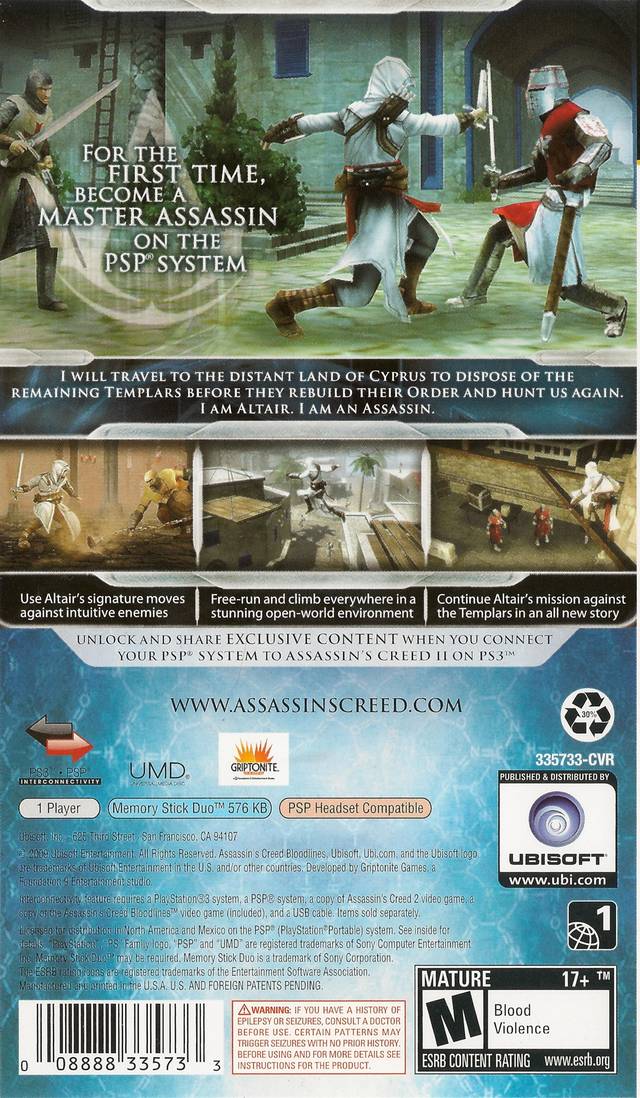 Assassin's Creed Bloodlines PSP Back Cover