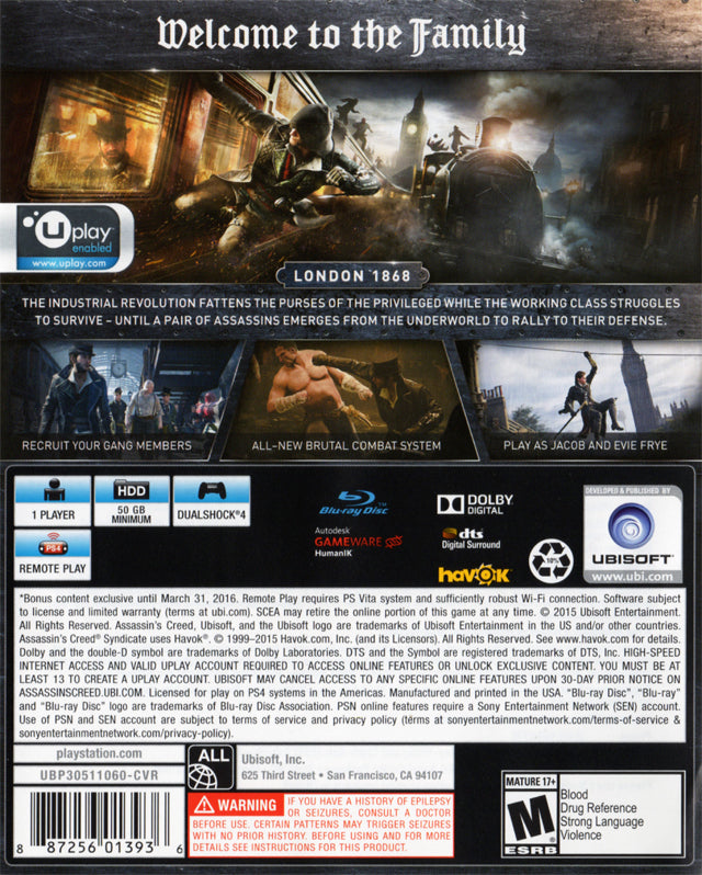 Assassin's Creed Syndicate Playstation 4 Back Cover