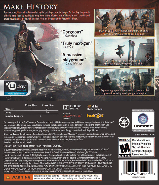 Assassin's Creed Unity Back Cover - Xbox One Pre-Played