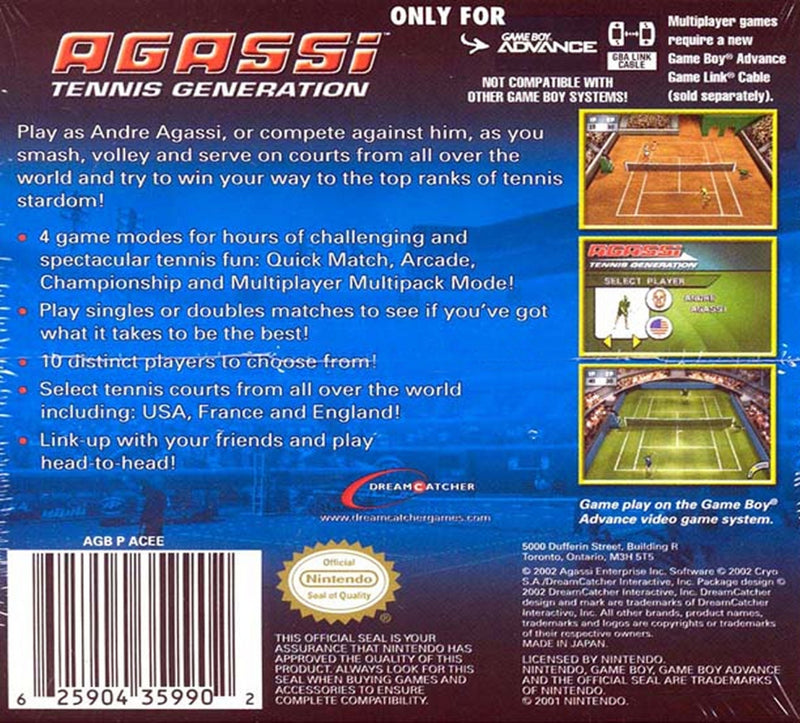 Agassi Tennis Generation Nintendo Gameboy Advance Back Cover