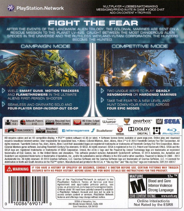 Aliens Colonial Marines Back Cover - Playstation 3 Pre-Played