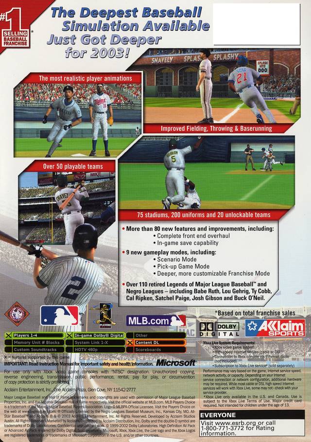 All Star Baseball 2004 Xbox Back Cover