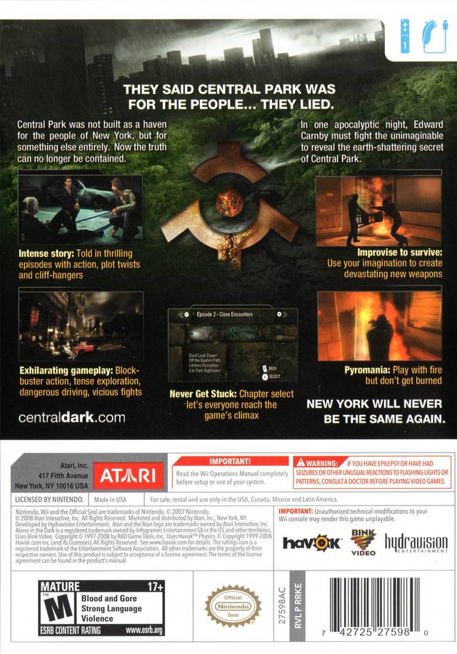 Alone in the Dark Back Cover - Nintendo Wii Pre-Played