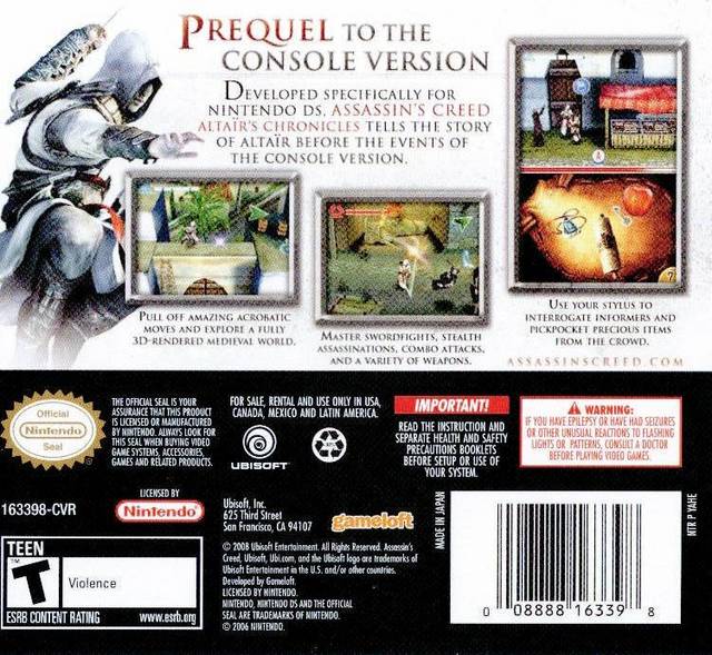 Assassin's Creed Altair's Chronicles Back Cover - Nintendo DS Pre-Played