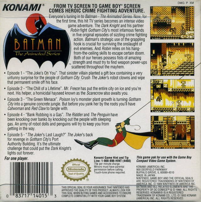 Batman The Animated Series Nintendo Gameboy Back Cover
