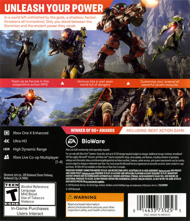 Anthem Back Cover - Xbox One Pre-Played