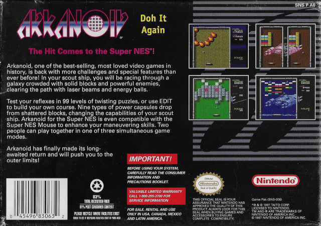 Arkanoid Doh It Again SNES Back Cover