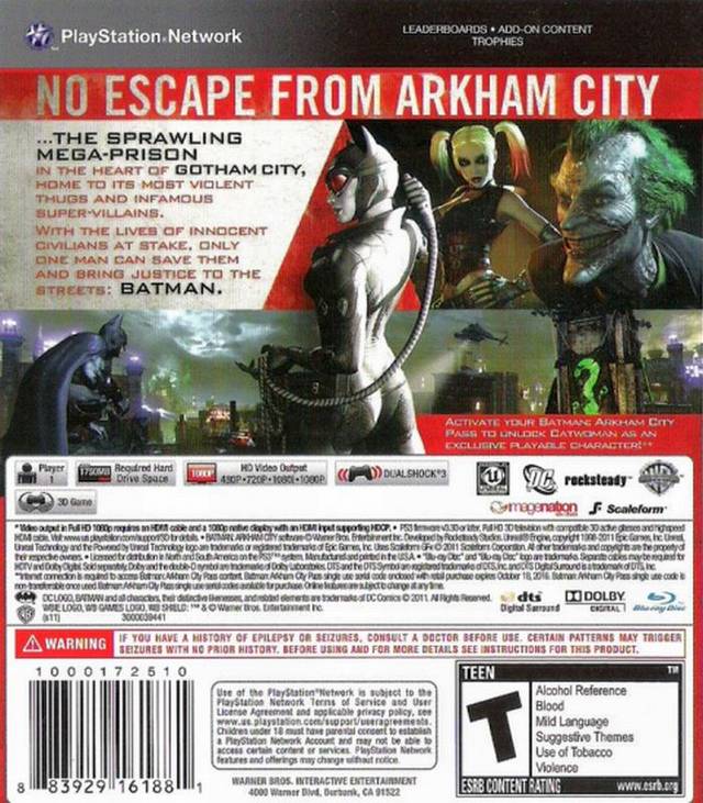 Batman Arkham City Back Cover - Playstation 3 Pre-Played