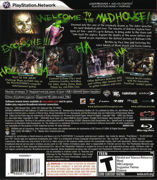 Batman Arkham Asylum Back Cover - Playstation 3 Pre-Played