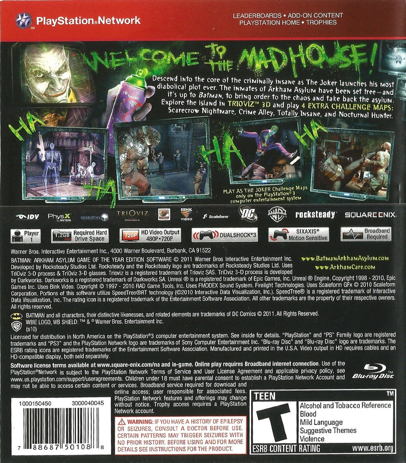 Batman Arkham Asylum Game of the Year Playstation 3 Back Cover