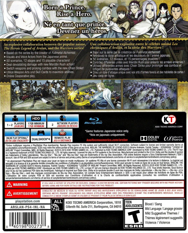 Arslan The Warriors of Legend Playstation 4 Back Cover