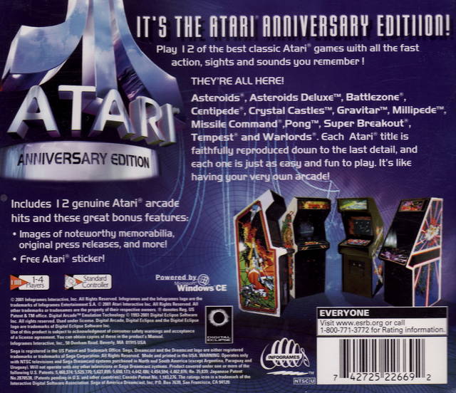 Atari Anniversary Edition Sega Dreamcast Back Cover