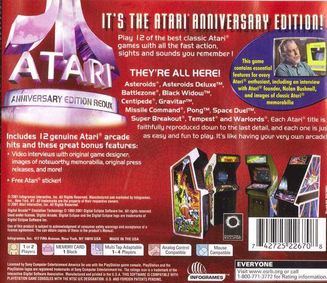 Atari Anniversary Edition Redux Back Cover  - Playstation 1 Pre-Played