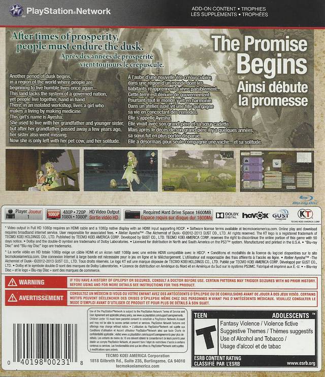 Atelier Ayesha The Alchemist of Dusk Playstation 3 Back  Cover