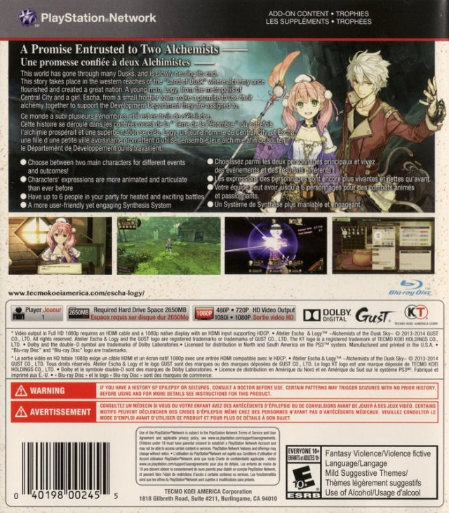 Atelier Escha & Logy Alchemists of the Dusk Sky Playstation 3 Back Cover