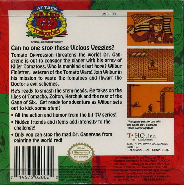 Attack of the Killer Tomatoes Nintendo Gameboy Back Cover