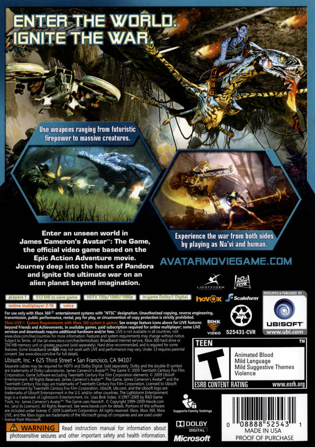 Avatar the Game Xbox 360 Back Cover