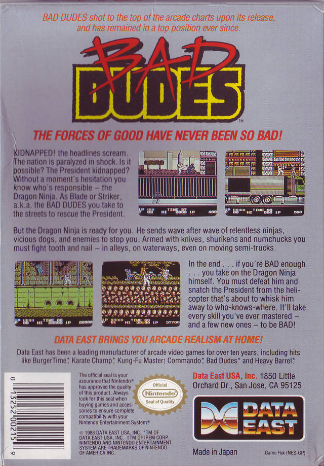 Bad Dudes Nintendo Entertainment System NES Back Cover