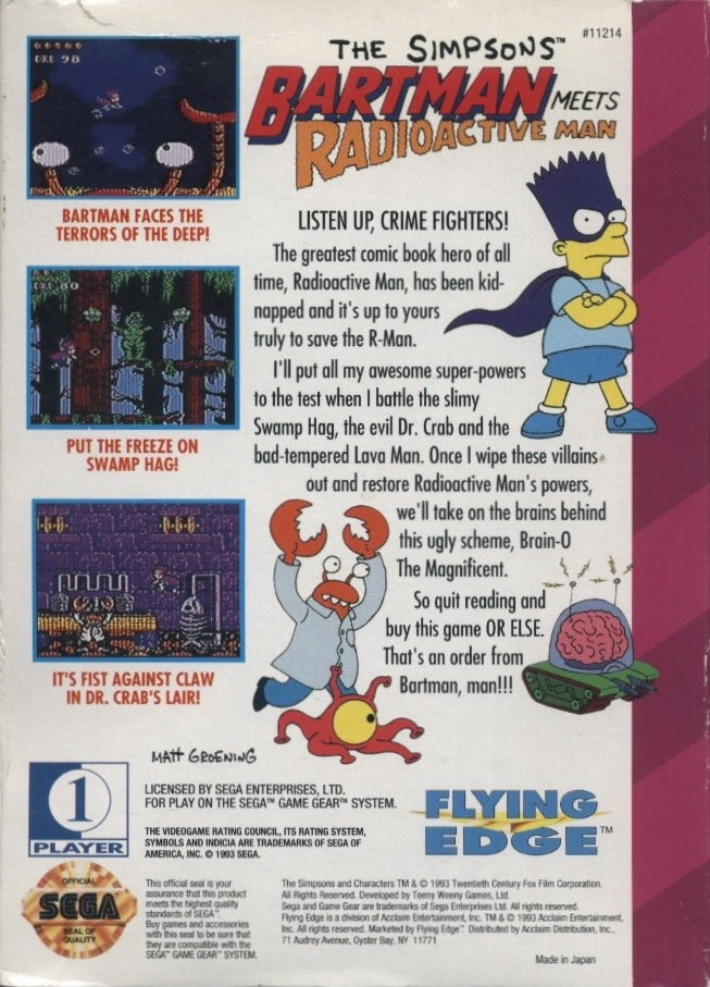 Bartman Radioactive Sega Game Gear Back Cover 