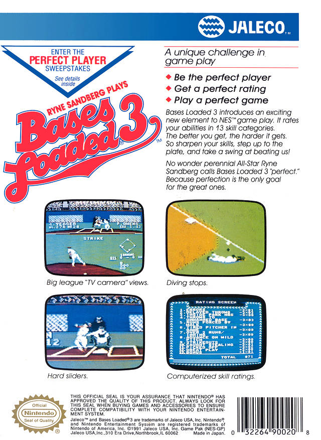 Bases Loaded 3 Nintendo Entertainment System NES Back Cover