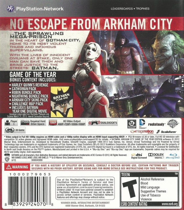 Batman Arkham City Game of the Year Playstation 3 Back Cover