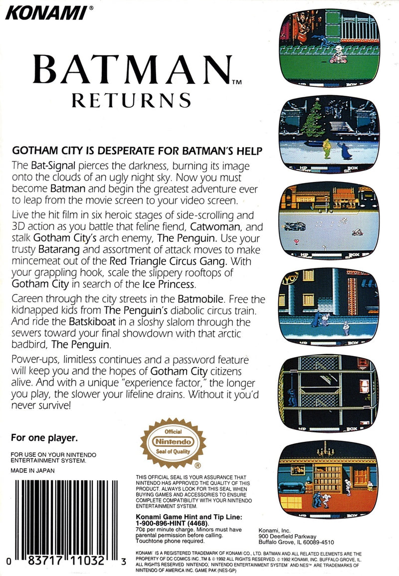 Batman Returns Nintendo Entertainment System NES Back Cover